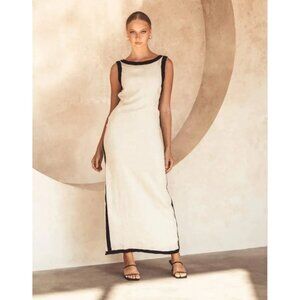 NWT White Closet Linen Blend Maxi Dress L Contrast Trim Minimalist Blokette